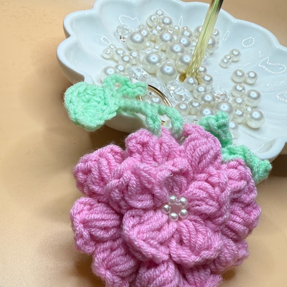 Pink Floral Peony Crochet Keychain